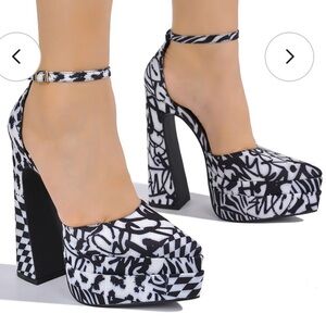Cape Robbin Black & White Graphic Platform Ankle Strap Heels
